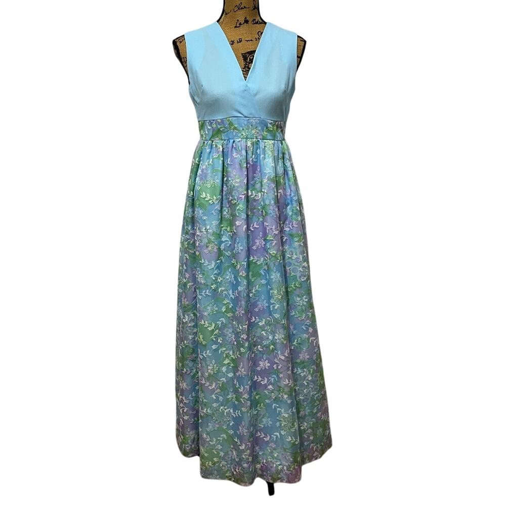 Vintage Handmade Blue Floral Polyester Tulle Sleeveless Maxi Dress S/M 28” waist